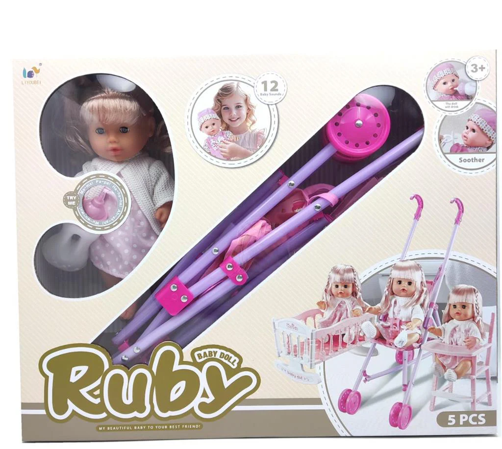 "Ruby" baby doll with a stroller and accessories set 5 PCS" which typically includes the doll, a stroller, and other small accessories like a high chair and crib 