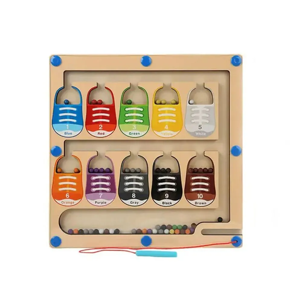 Wooden magnetic color and number maze toy.