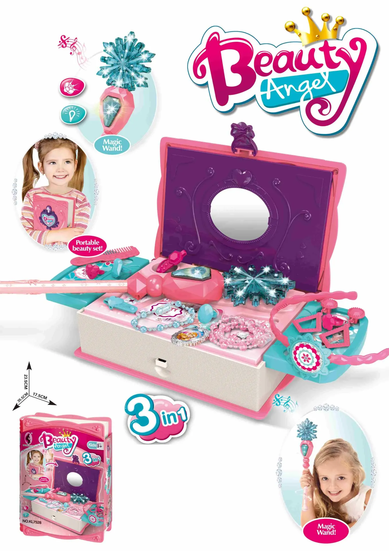 3-in-1 set that can be used as a book-shaped case, a dressing table, and a drawing board