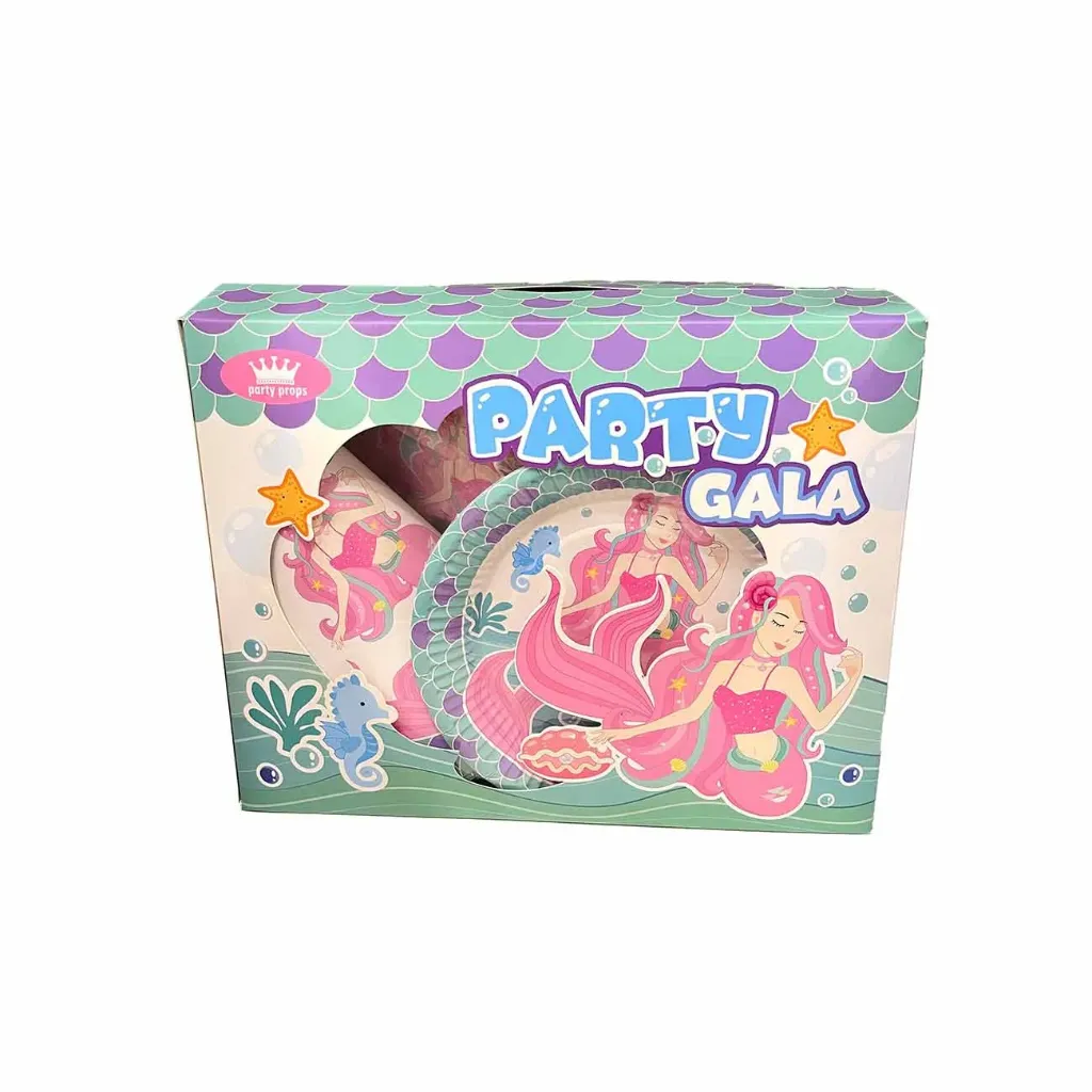 36 piece mermaid-themed party accessory set. 6 hats, 6 masks, 6 straw, 6 cups, 6 plates 18 cm, 6 zamour