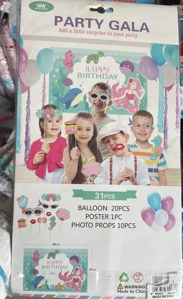 Mermaid package includes 20 latex balloons 10 photo props, poster  size 88*58cm