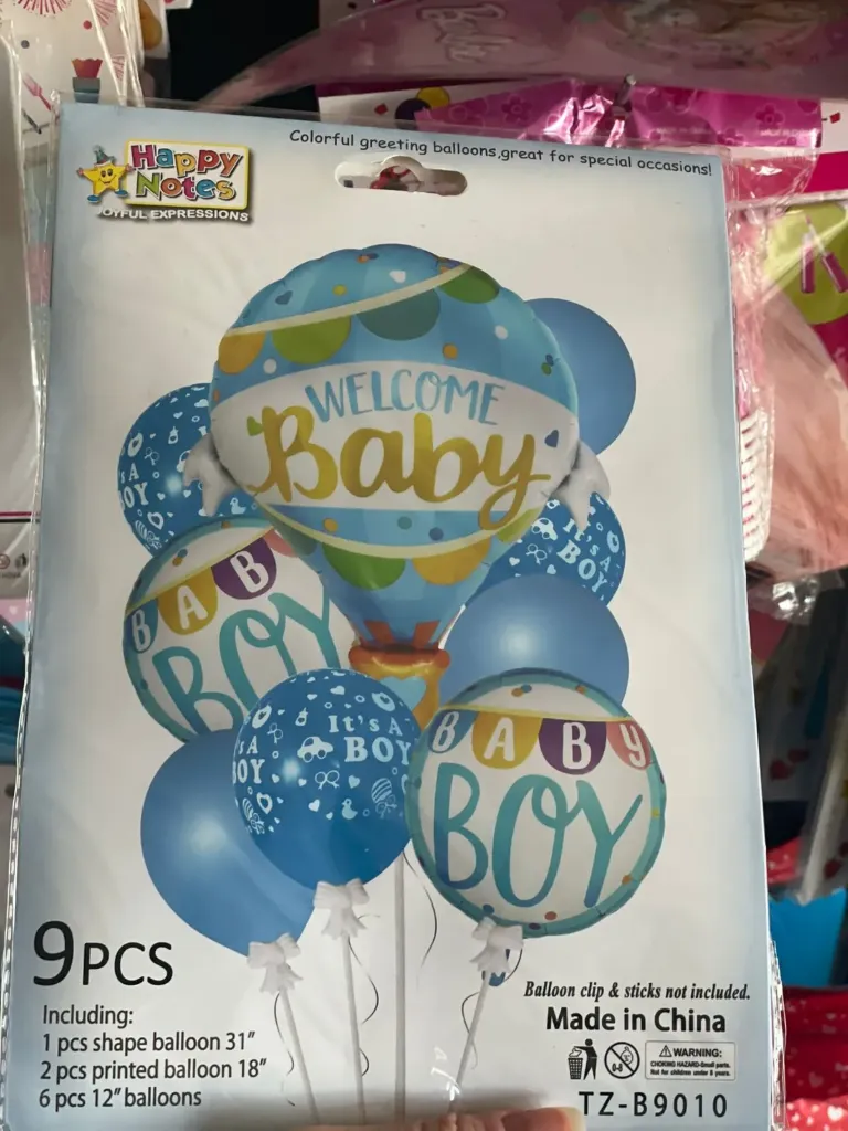 Welcome Baby balloon 9-pieces, It includes one 31" shape balloon, two 18" printed balloons, and six 12" balloons. (boy)