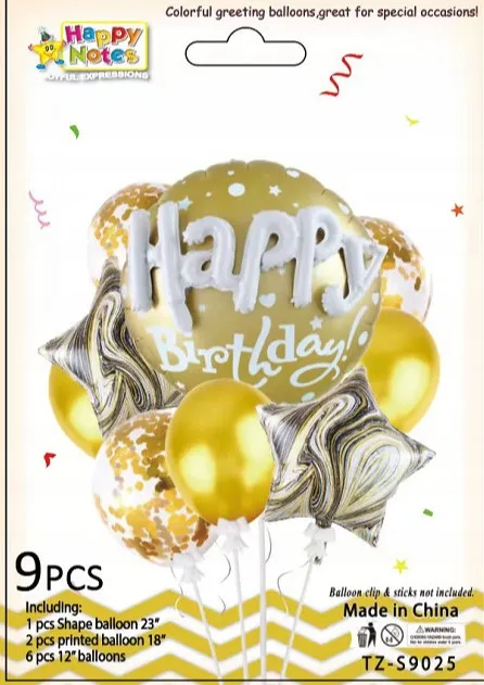 Happy Birthday balloon set, 9 pieces (Gold)