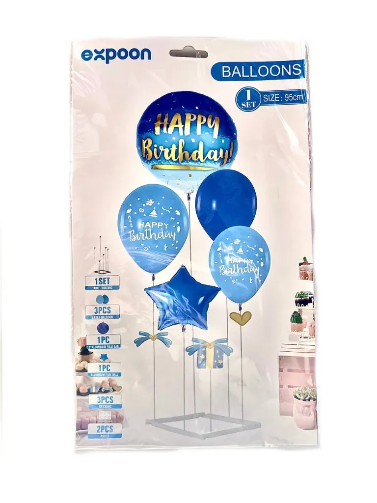 Birthday stand kit, includes Stand, 18 inch circle happy birthday foil balloon, star foil balloon, 3 piece stickers, glue dots, 3 latex balloons