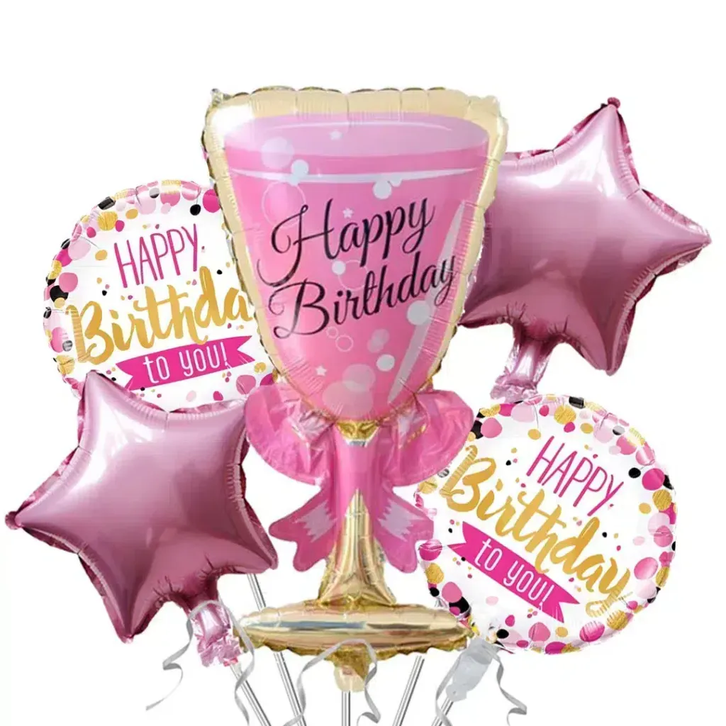 Happy birthday pink glass set of 5 foil balloons