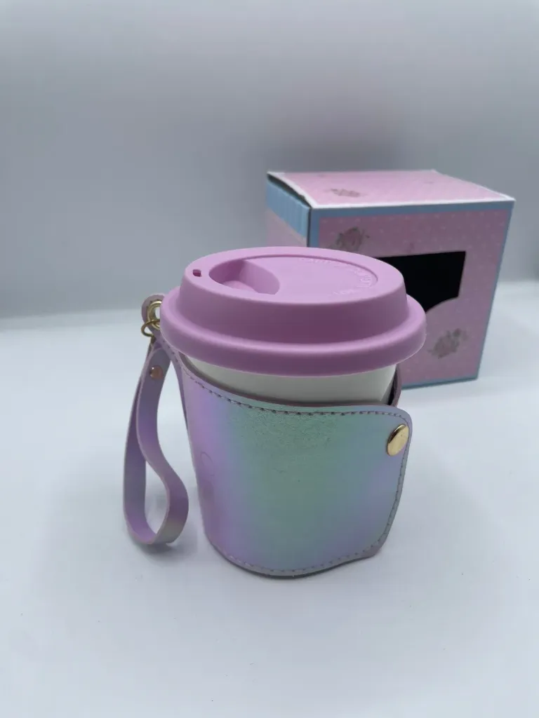 Reusable cup with a silicone lid and grip band. 120ml shimmery, multi-colored (purple , blue and green)  color