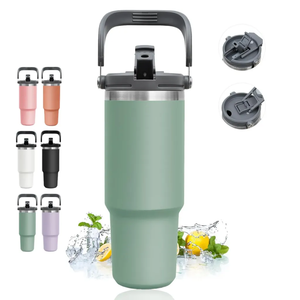 Stainless steel insulated tumbler with a flip straw lid. (Green)