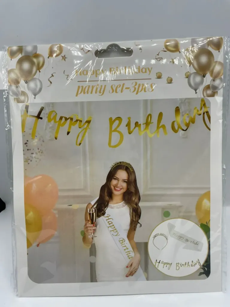 Birthday set, 3 pieces: Happy birthday banner, sash and headband. (gold)