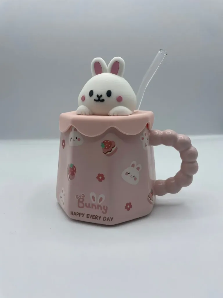 Rabbit glass straw ceramic mug with rubber cover