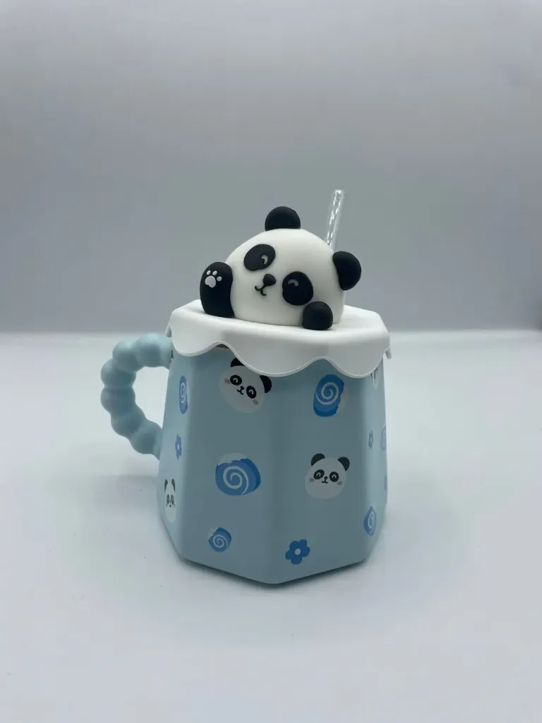 Panda glass straw ceramic mug with rubber cover