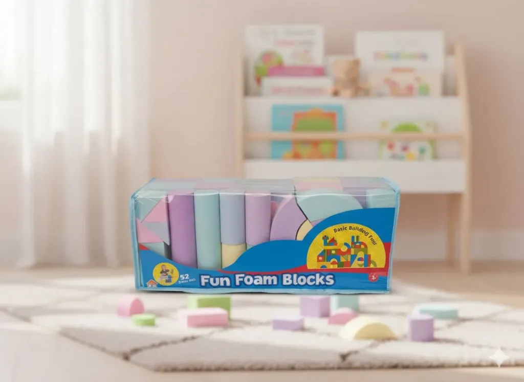 Fun Foam Blocks, 52 soft, multicolor foam pieces. They are designed to help children develop fine motor skills, spatial awareness, and imagination.  The blocks are durable and suitable for home playrooms, preschools, or daycare centers