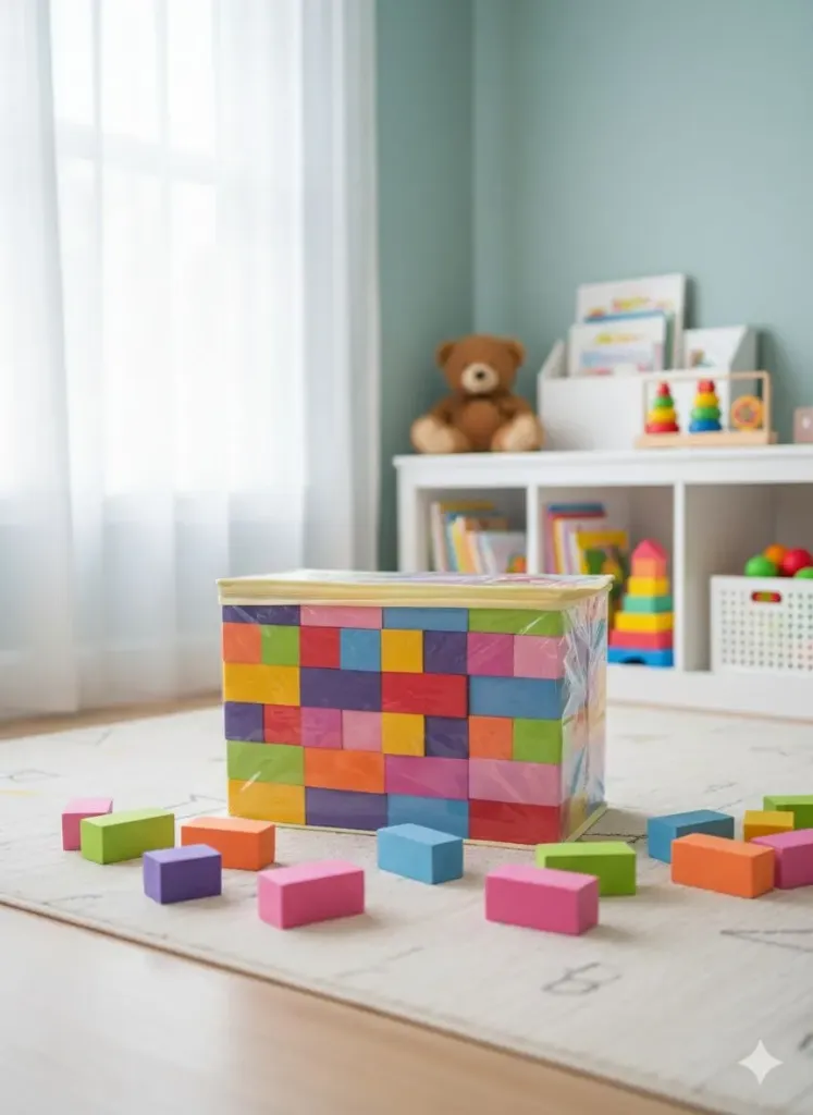 Colorful foam building and counting blocks. The blocks promote the development of fine motor skills, color recognition, and early math skills.