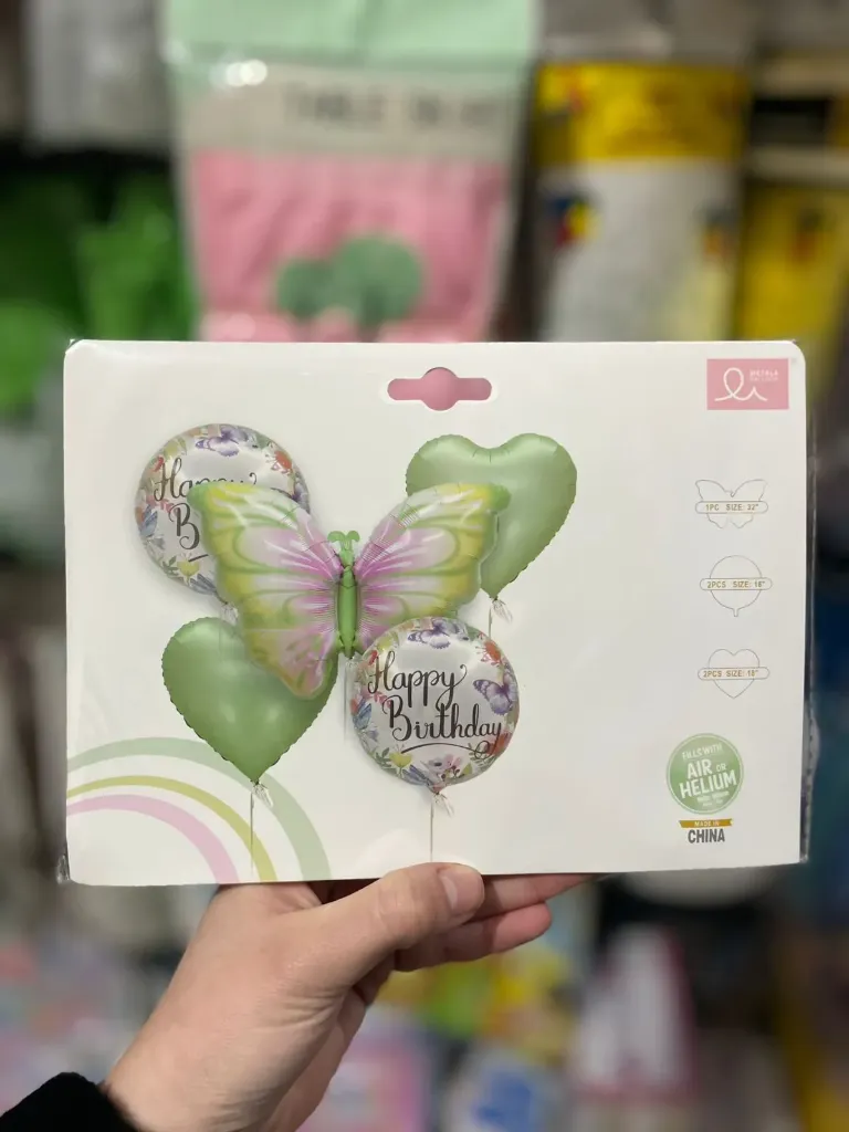 Green Butterfly foil balloon, package of big butterfly balloon 32 inch, 2 green hearts 18 inch, 2 circle printed 18 inch.