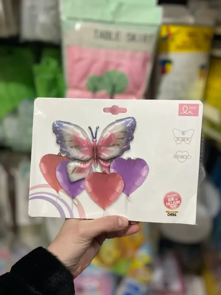 Butterfly foil balloon package, big butterfly 32 inch, 4 hearts 18 inch