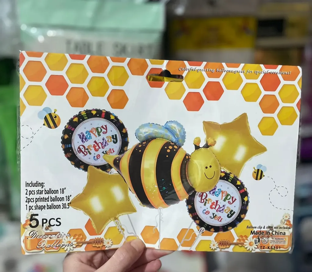 5-piece bee-themed foil balloon set for birthday decorations. It includes a large bee shape balloon, two star balloons, and two printed round balloons.