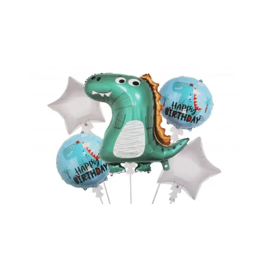 5-piece dinosaur-themed birthday balloon set, featuring a large dinosaur balloon and smaller star and circle balloons.