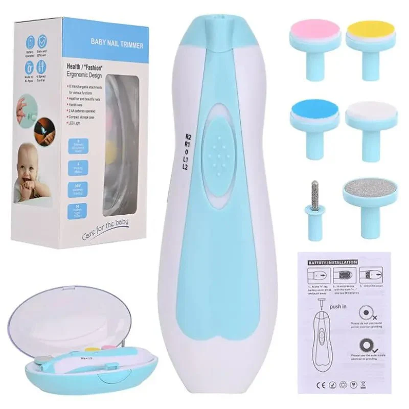 Baby nail trimmer, 6 interchangeable attachment for various function, led light, 4 modes (Blue)