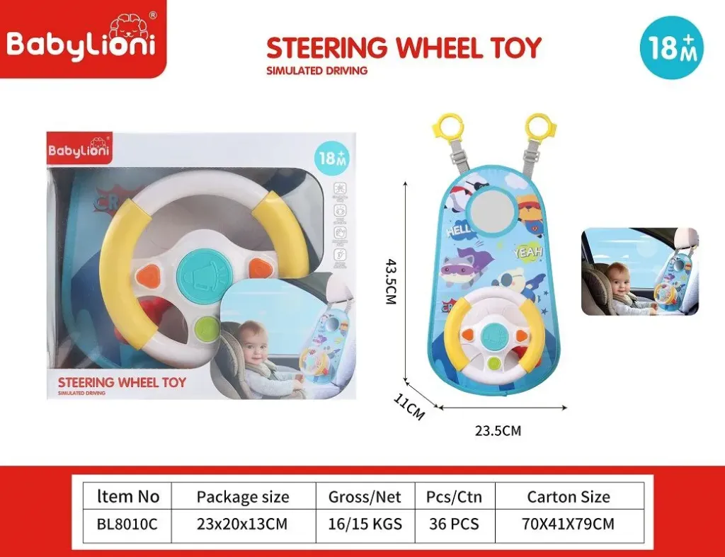 Steering wheel toy designed for simulated driving in a car backseat. blue