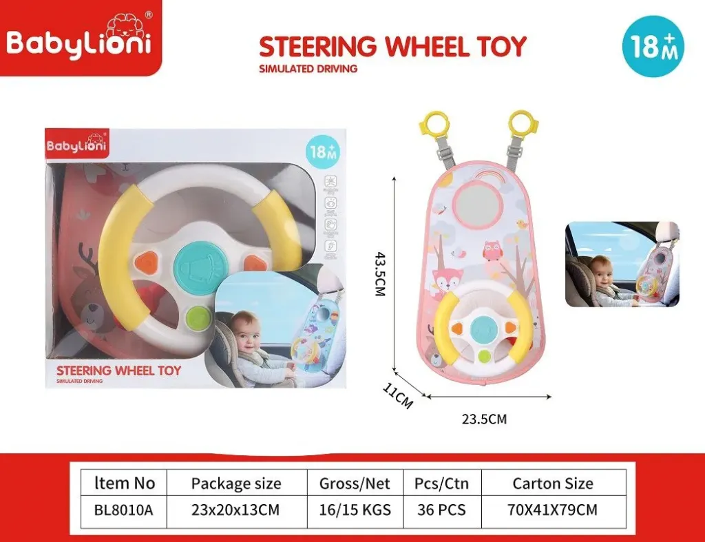 Steering wheel toy designed for simulated driving in a car backseat. pink