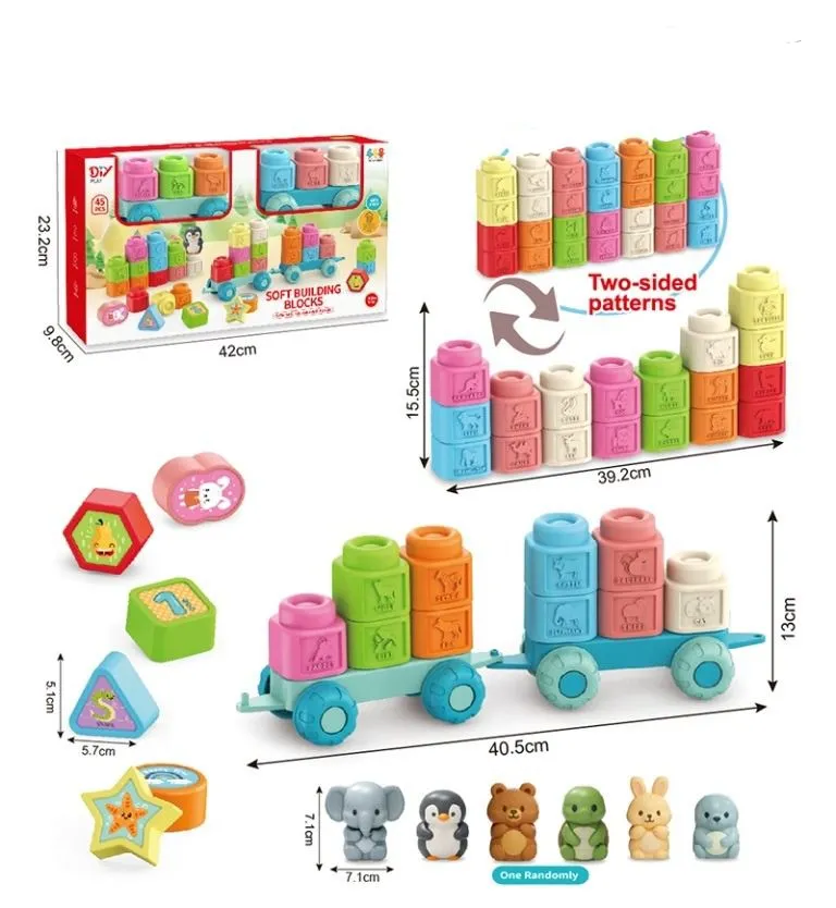 45 pcs Soft rubber building block set, educational purposes to help infants learn ABCs, numbers, and shapes. BPA Free