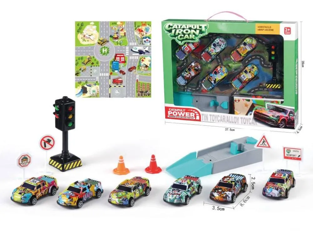 Iron Car alloy toy car set featuring multiple pullback vehicles and an obstacle map scene. Includes several themed alloy toy cars, a catapult launcher, traffic lights, traffic cones, and a play mat.