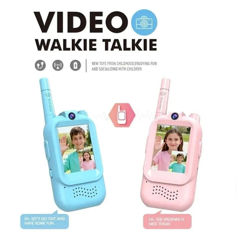 walkie-talkies for children, featuring built-in cameras and 2-inch LCD screens for real-time video calls. Rechargeable, Includes voice-changing effects, Type-C fast charging, and auto-pairing capabilities.