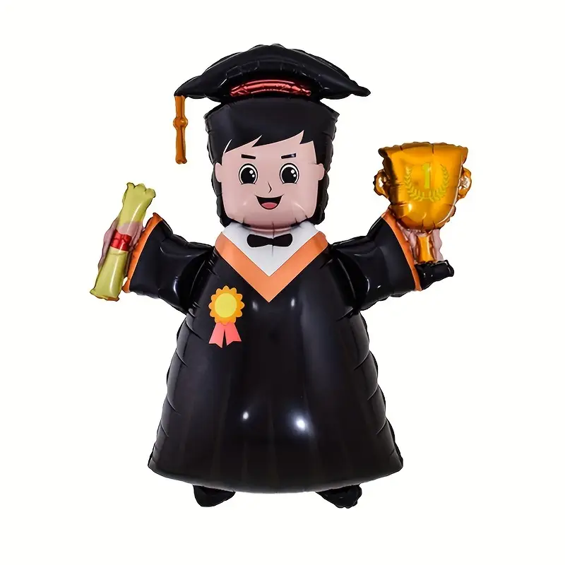 Large foil balloon shaped like a graduate holding a trophy