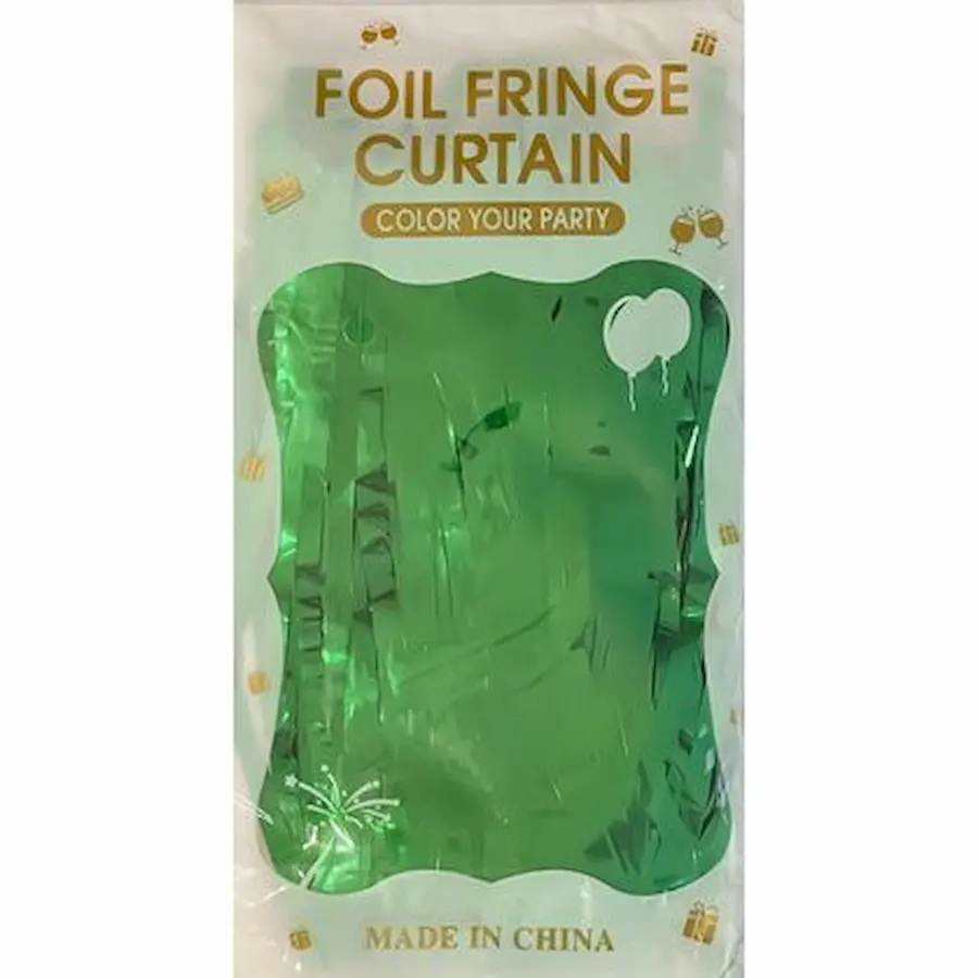 Metallic foil fringe curtain, for decorating doorways or walls as a party backdrop. (Green)