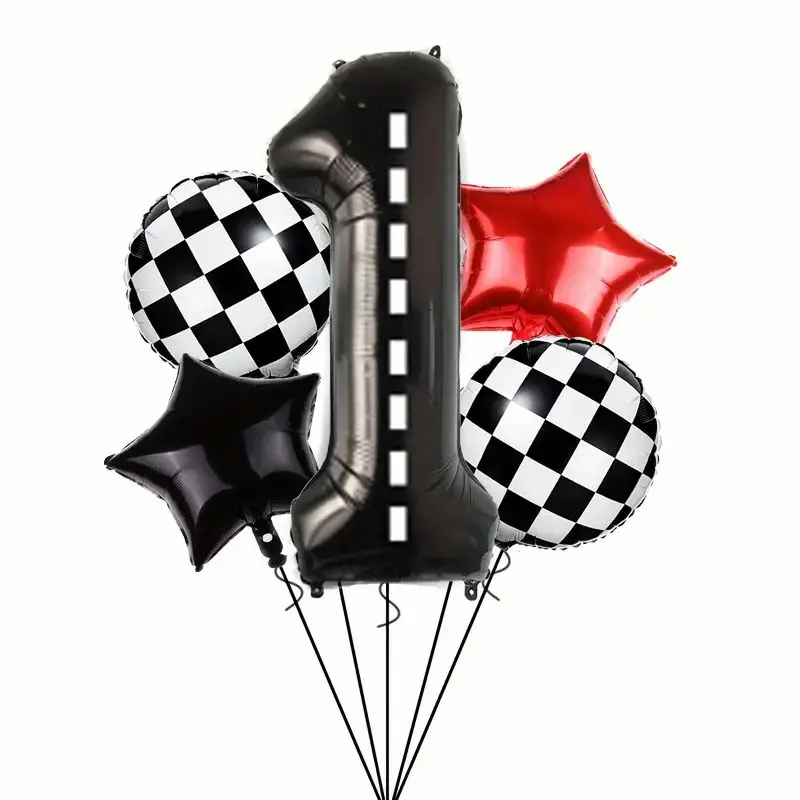Race Car Number 1 Balloons set , Road Balloon Checkered Star Balloons Large Black Racing Car 1 Balloon for Race Car Truck Wheels Tire Fast One 1st Birthday Party Decor