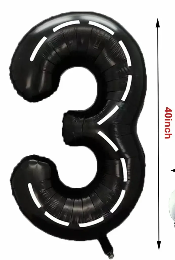Black number 3 balloon designed with a race car track pattern. size 40"