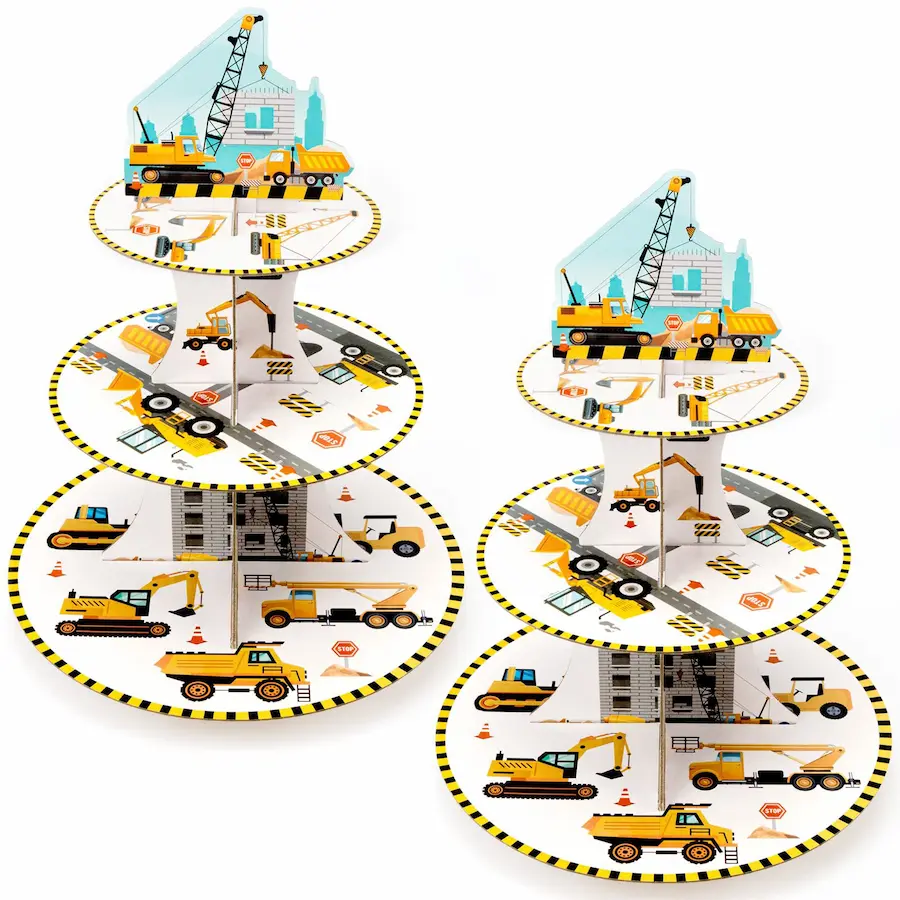 Construction-themed cupcake stands decorated