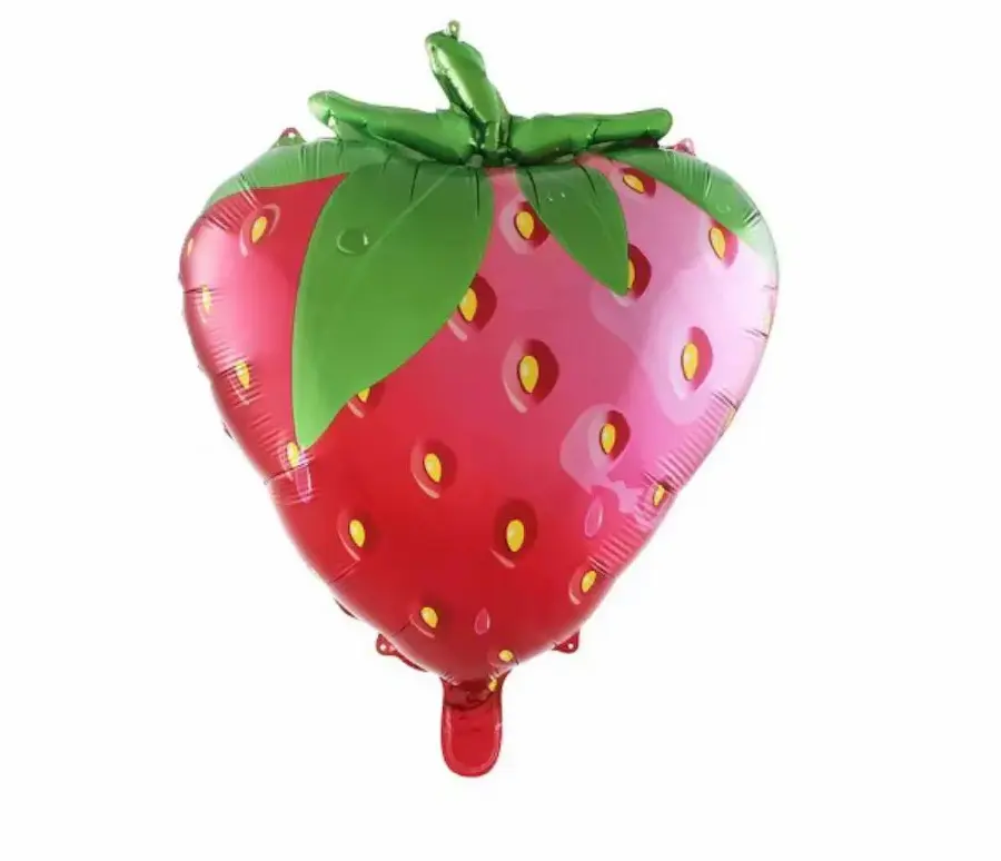 Strawberry-themed, strawberry-shaped foil balloon.