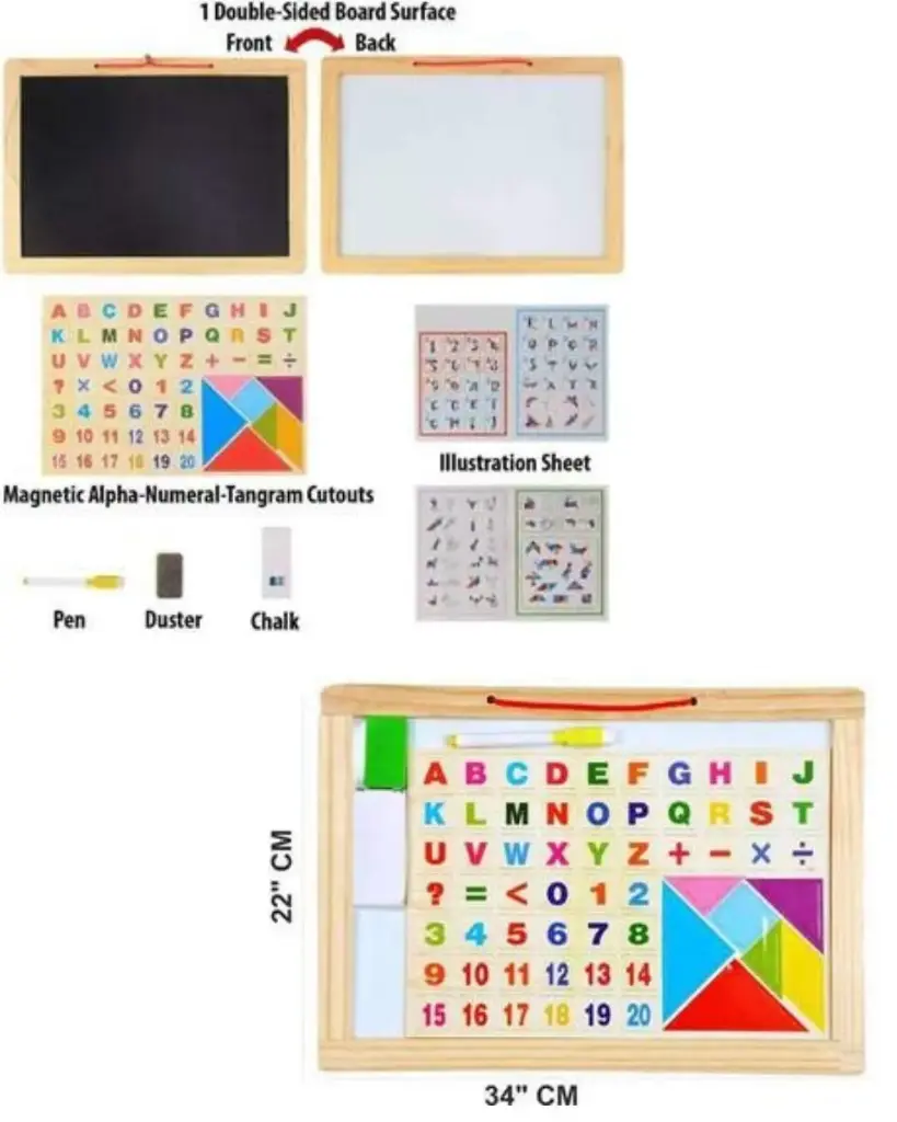 Double-sided board (blackboard and whiteboard), magnetic letters, numbers, shapes and mathematical symbols, chalks, a marker pen, and a duster. 