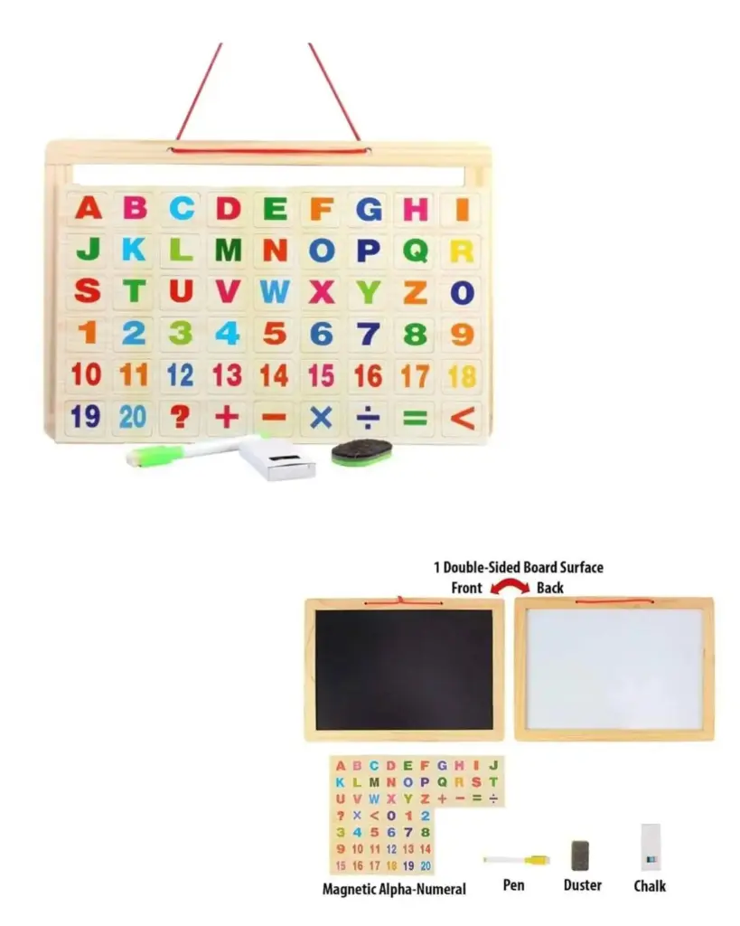 Double-sided board (blackboard and whiteboard), magnetic letters, numbers, and mathematical symbols, chalks, a marker pen, and a duster. 