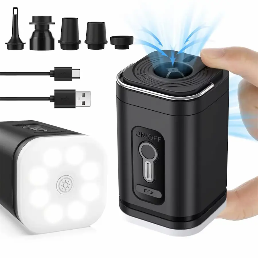 Portable, rechargeable electric air pump designed for inflatables and vacuum storage bags.