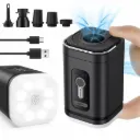 Portable, rechargeable electric air pump designed for inflatables and vacuum storage bags.
