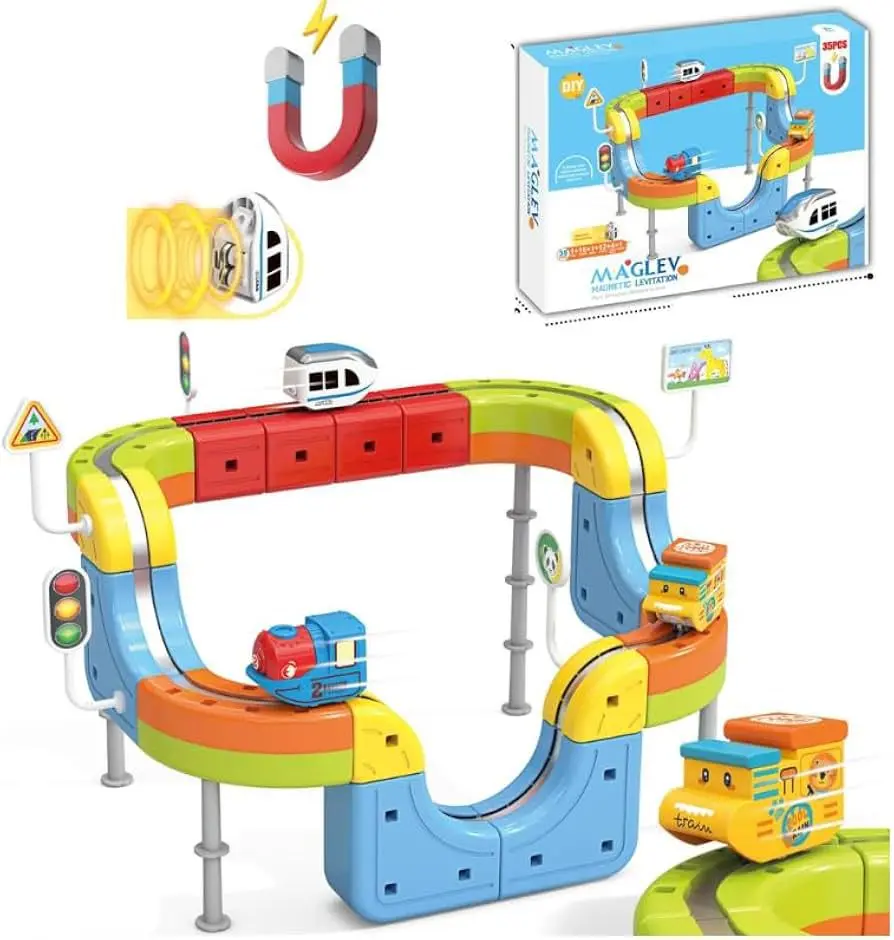 Magnetic Levitation DIY building block train set, designed for educational play. 35-piece