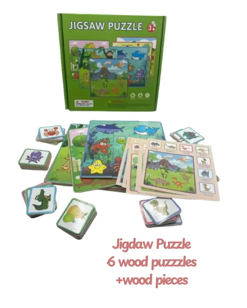 Matching 6-in-1 wooden jigsaw puzzle game for young children.