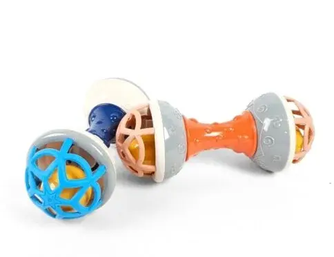 Dumbbell-shaped baby rattle teether toy. silicone and plastic