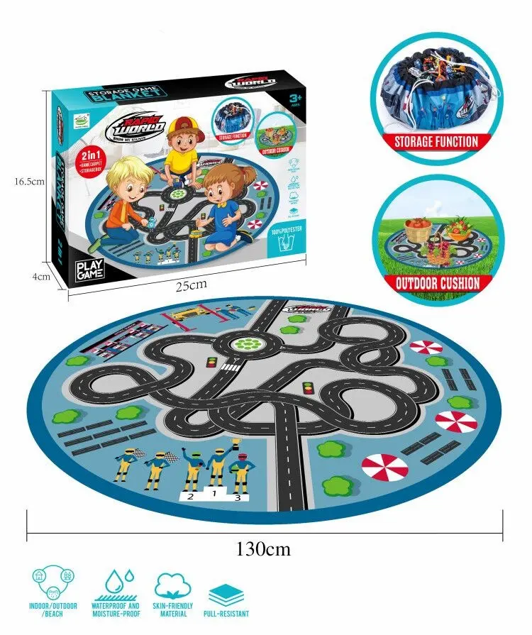 2-in-1 storage game blanket and storage box, featuring a circular play mat with a map design.