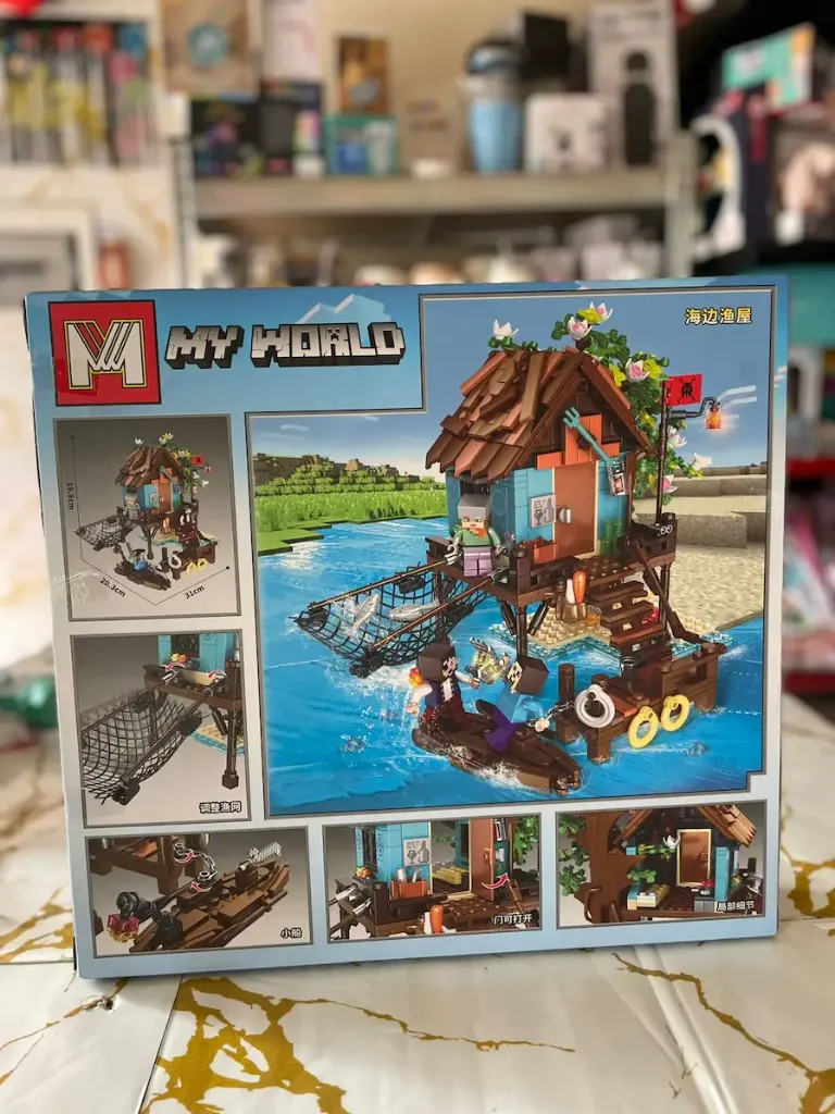 "My World" block set modeled after a Minecraft fishing house, likely the Bela MG Blocks MG1382 Seaside Village House
