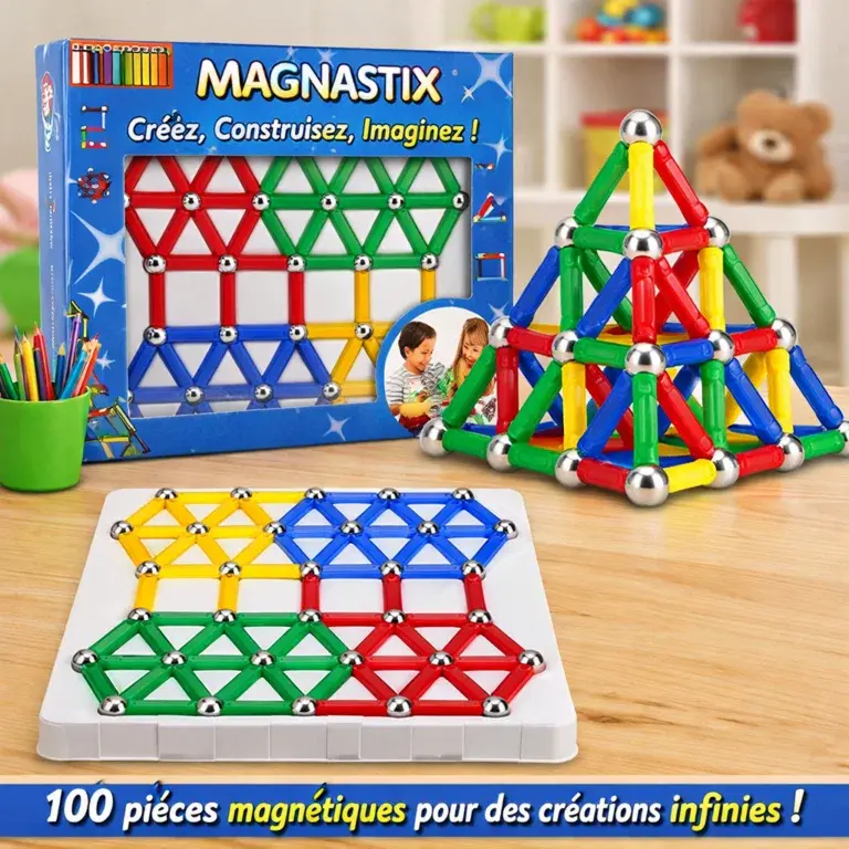 Magnastix Magnetic Building Blocks Set, which is a STEM toy used for constructing 3D shapes. 103 pieces
