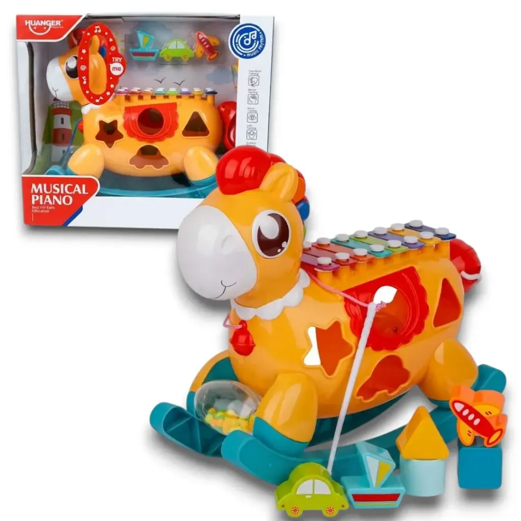 Huanger Musical Piano (or Musical Pony), a multi-functional educational toy designed for toddlers aged 18 months and older. It typically features an eight-tone xylophone on its back and a shape-sorting activity