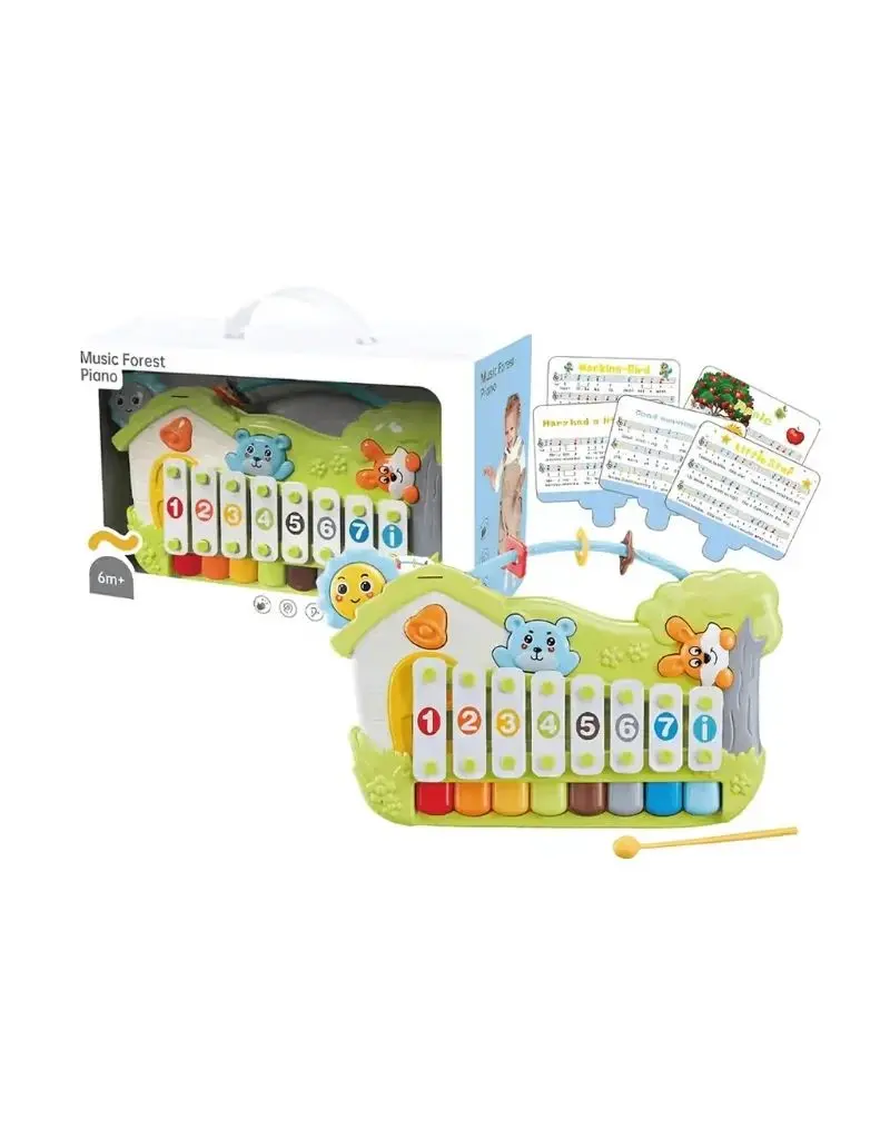 This is a Twisoo 2-in-1 Music Forest Piano Toy featuring a colorful 8-key keyboard, xylophone, and interactive music cards.