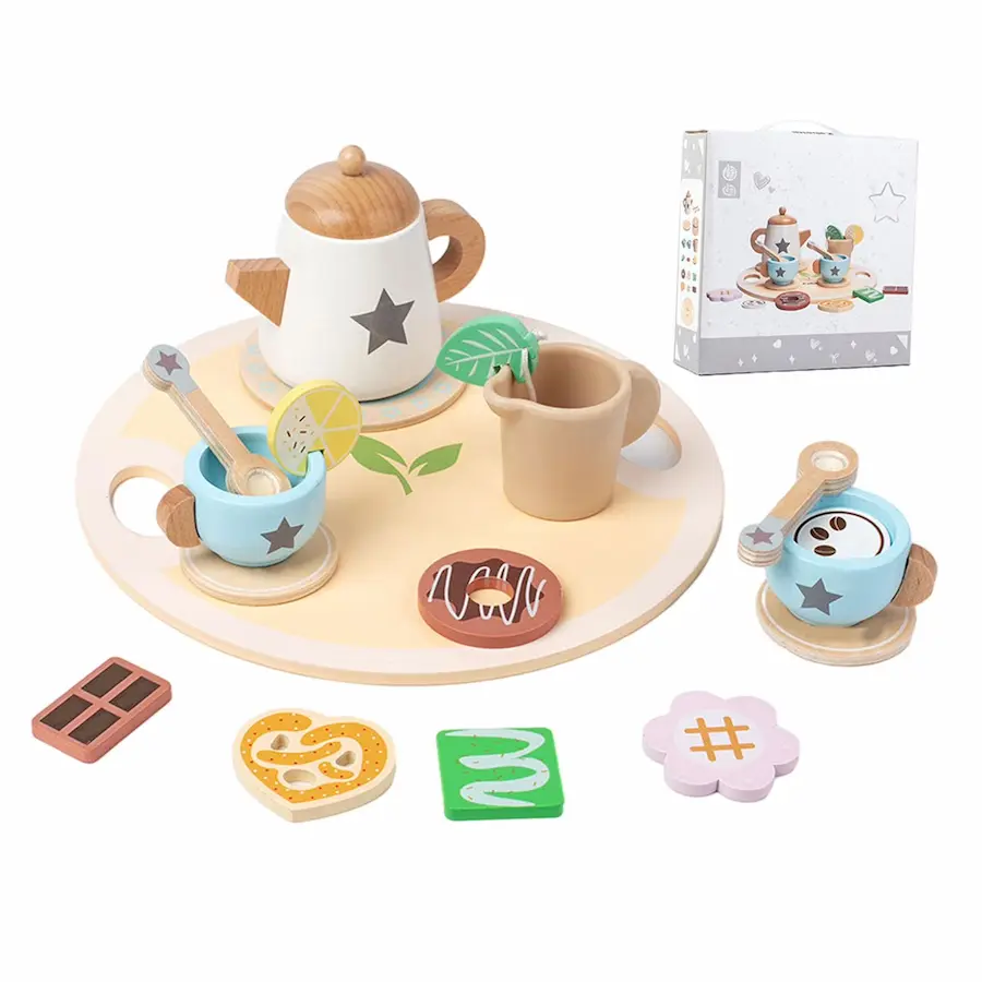 Wooden pretend-play toy set designed for children aged 36 months and older. This specific version is the "Star Style," featuring a star-patterned teapot and matching accessories in a neutral palette with blue and beige accents.