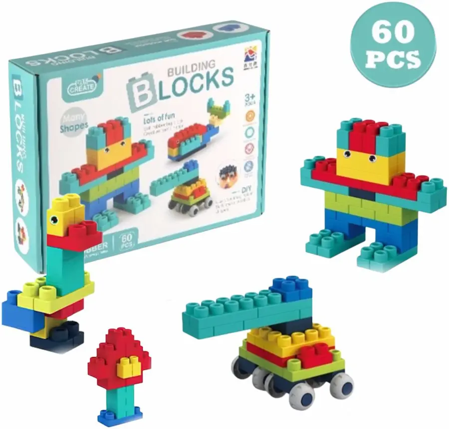 Mega Creative Junior Soft building block set featuring 60 colorful elastic pieces