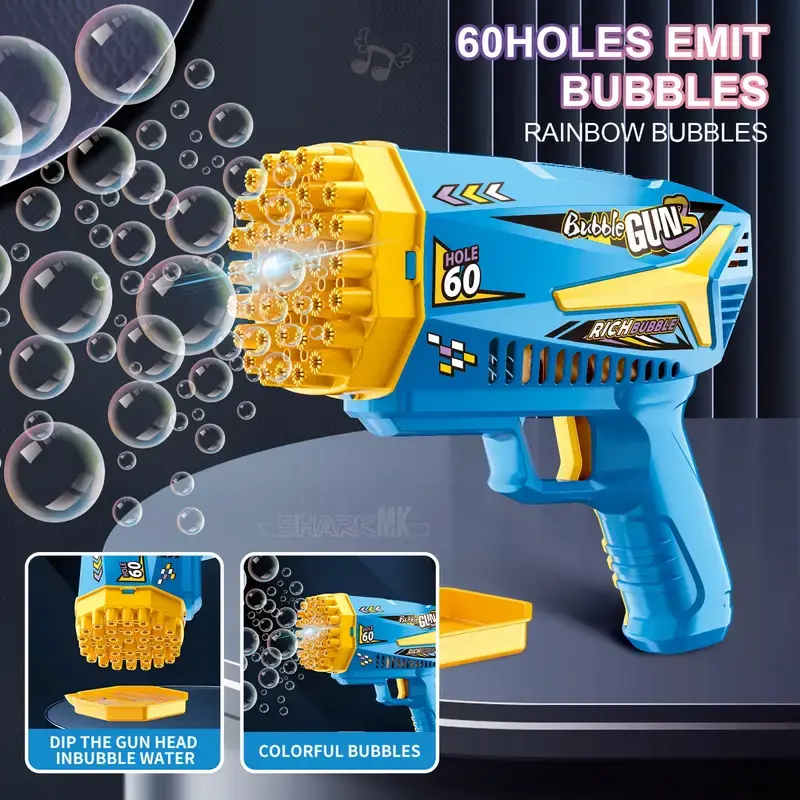 60-hole blue and yellow automatic bubble gun set.