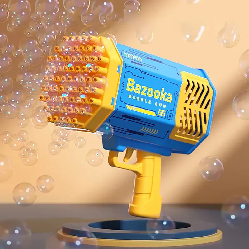 Bazooka Bubble Gun includes a rechargeable battery and bubble solution. 69-hole