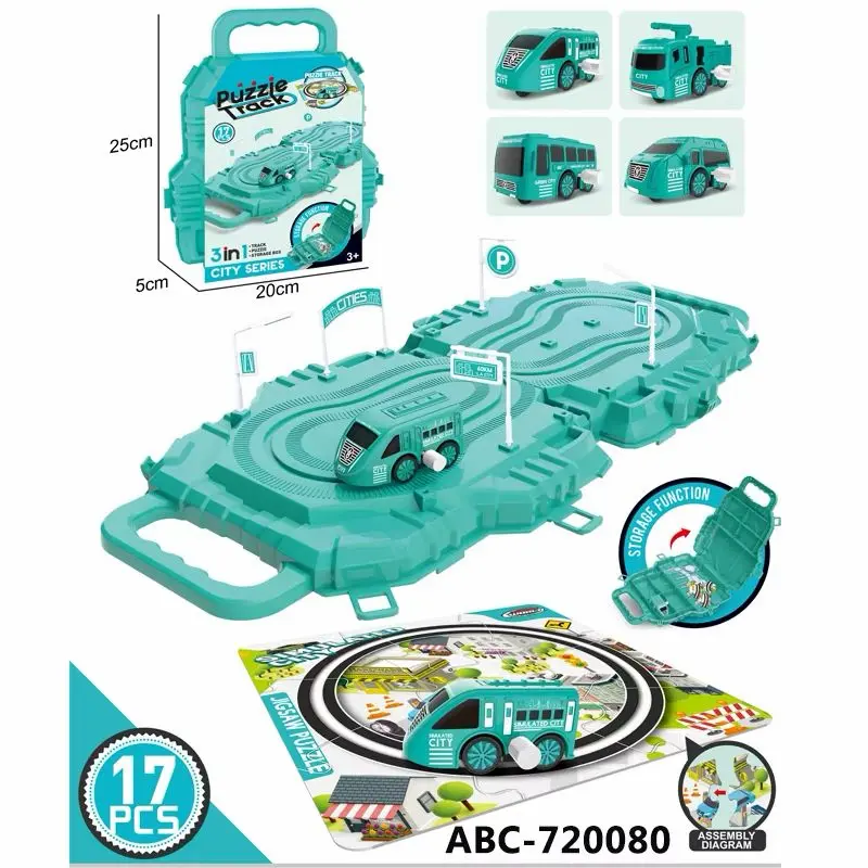 3-in-1 Puzzle Track City Series toy set includes 17 pieces, featuring a wind-up vehicle, puzzle track pieces, and a portable storage box