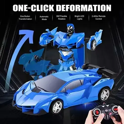 Glorious Mission Anger Ares transforming RC car toy. 2-in-1 Design: The toy can switch between a sports car and a robot using a remote control. Rechargeable battery.